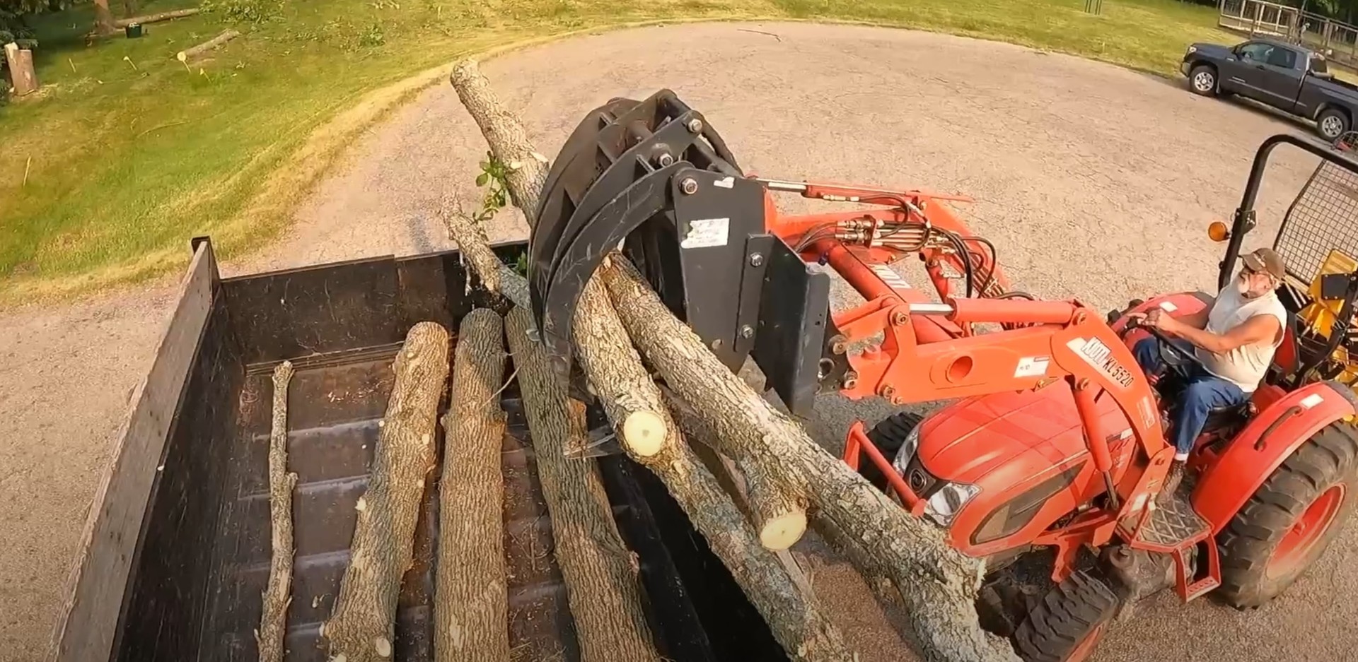 Efficient Log Removal and Disposal Heavy machinery loading cut tree logs for removal and disposal