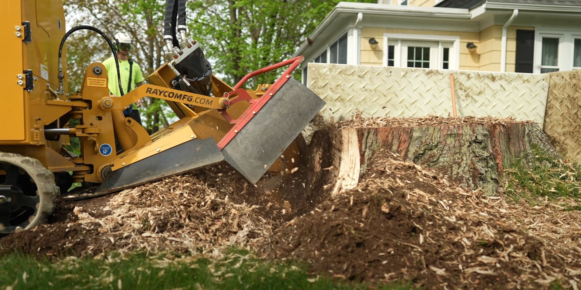 Professional stump grinder removing large tree stump in residential yard